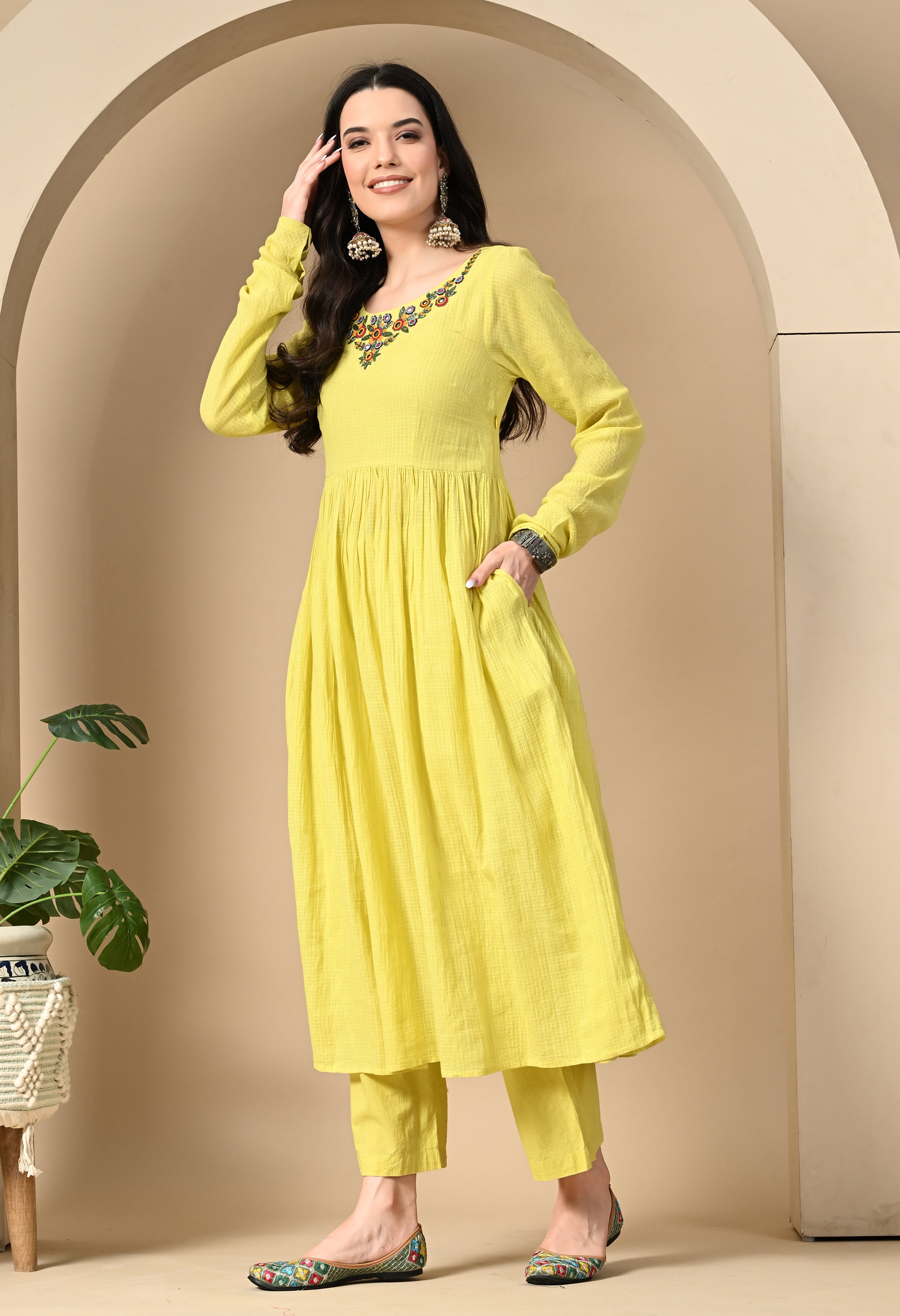 LIME YELLOW KOTTA DORIYA KURTA SET